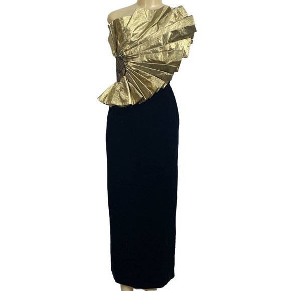 Vintage 80s Designer Gold Lame Fan One Sholder Avant Garde Cocktail Dress Size 3 - Picture 1 of 7